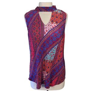 Chenault Sleeveless High-Neck Front Keyhole Micro Pleated Mixed Print Top LG